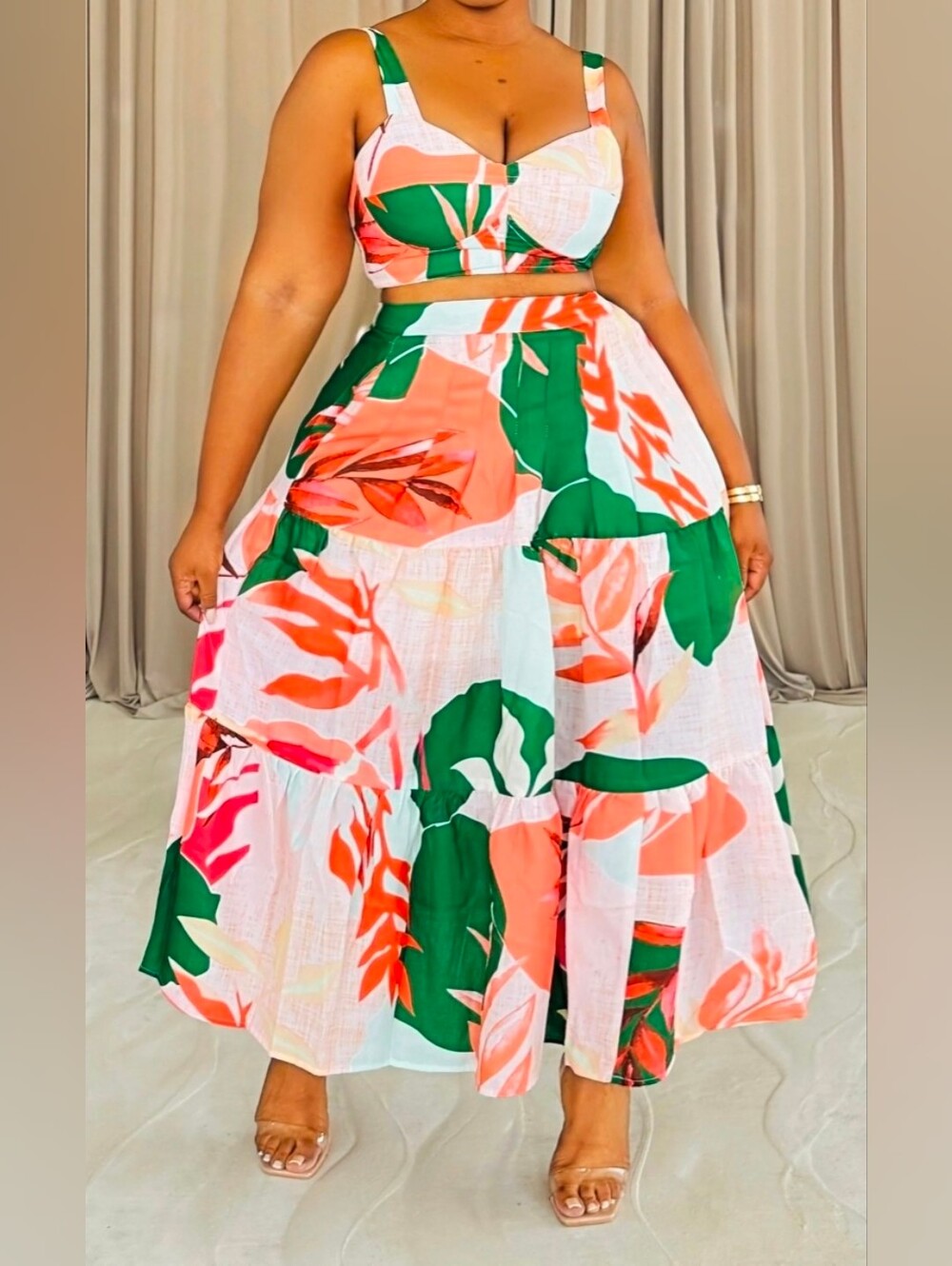 Tropical Tiered Maxi Skirt in Coral & Green